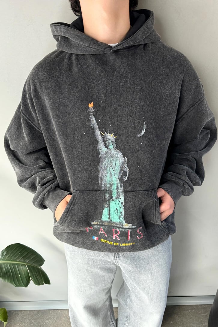 Paris Baskılı Oversize Hoodie