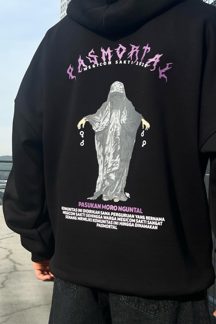 Pasmortal Baskılı Siyah Oversize Hoodie