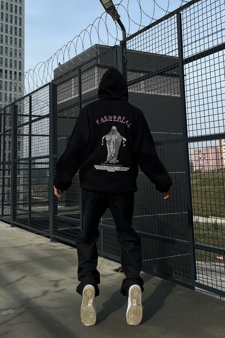 Pasmortal Baskılı Siyah Oversize Hoodie