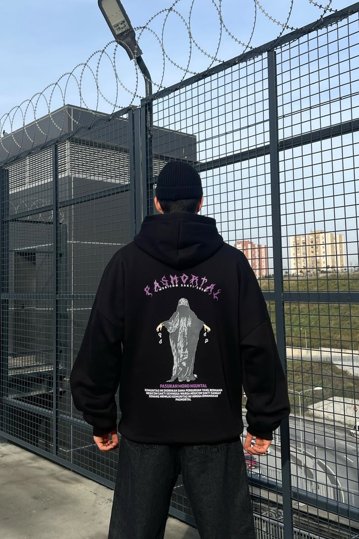 Pasmortal Baskılı Siyah Oversize Hoodie