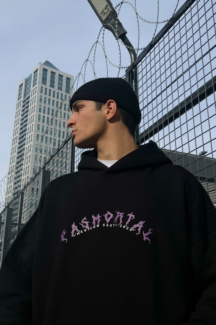 Pasmortal Baskılı Siyah Oversize Hoodie