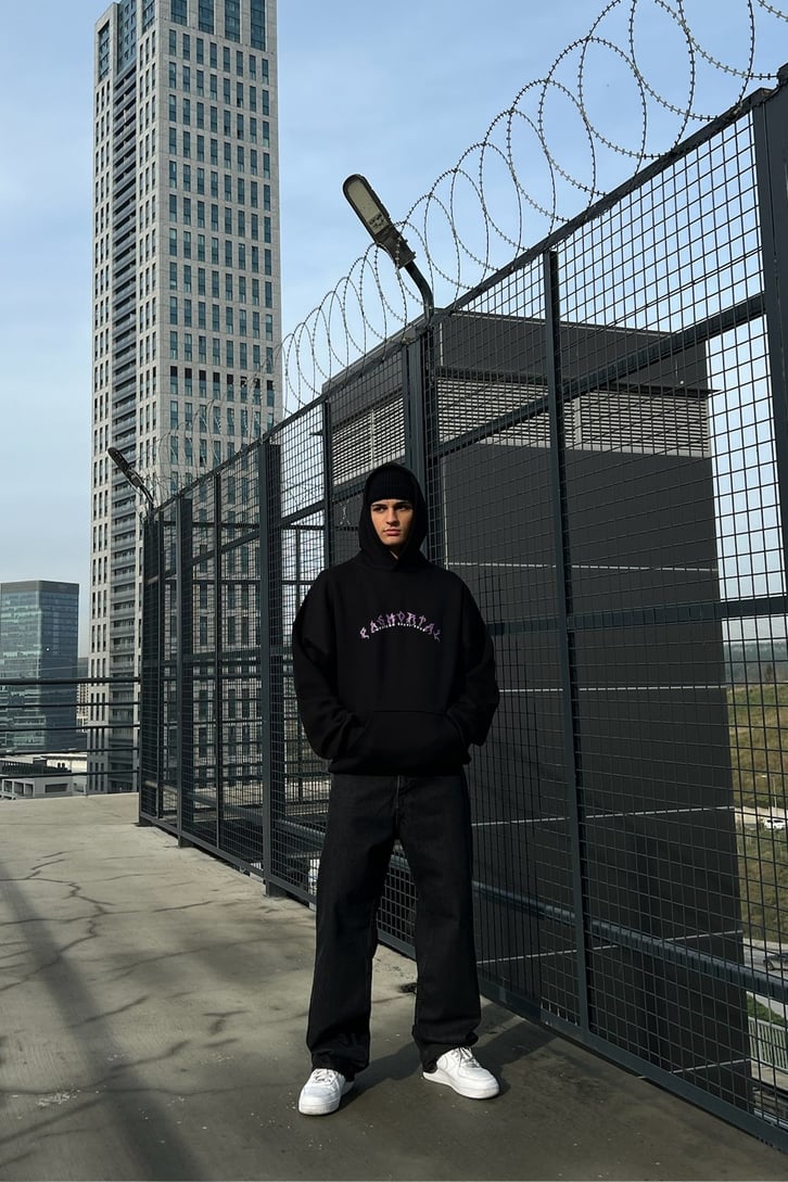 Pasmortal Baskılı Siyah Oversize Hoodie