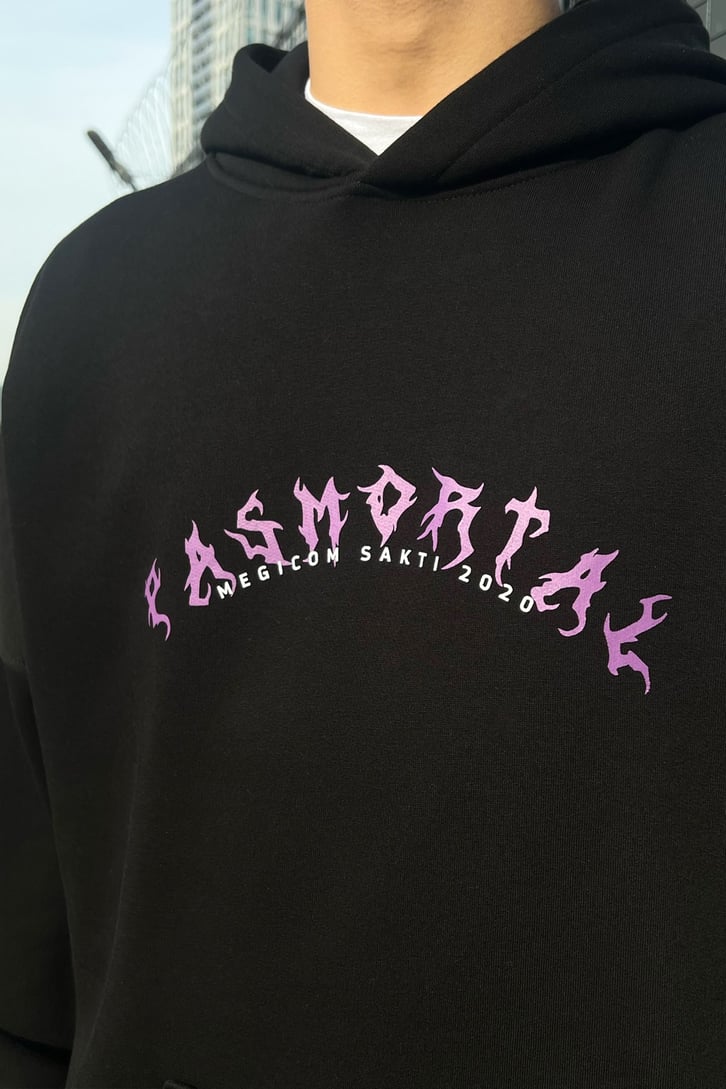 Pasmortal Baskılı Siyah Oversize Hoodie