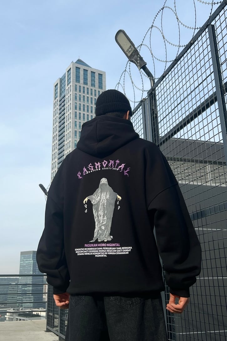 Pasmortal Baskılı Siyah Oversize Hoodie