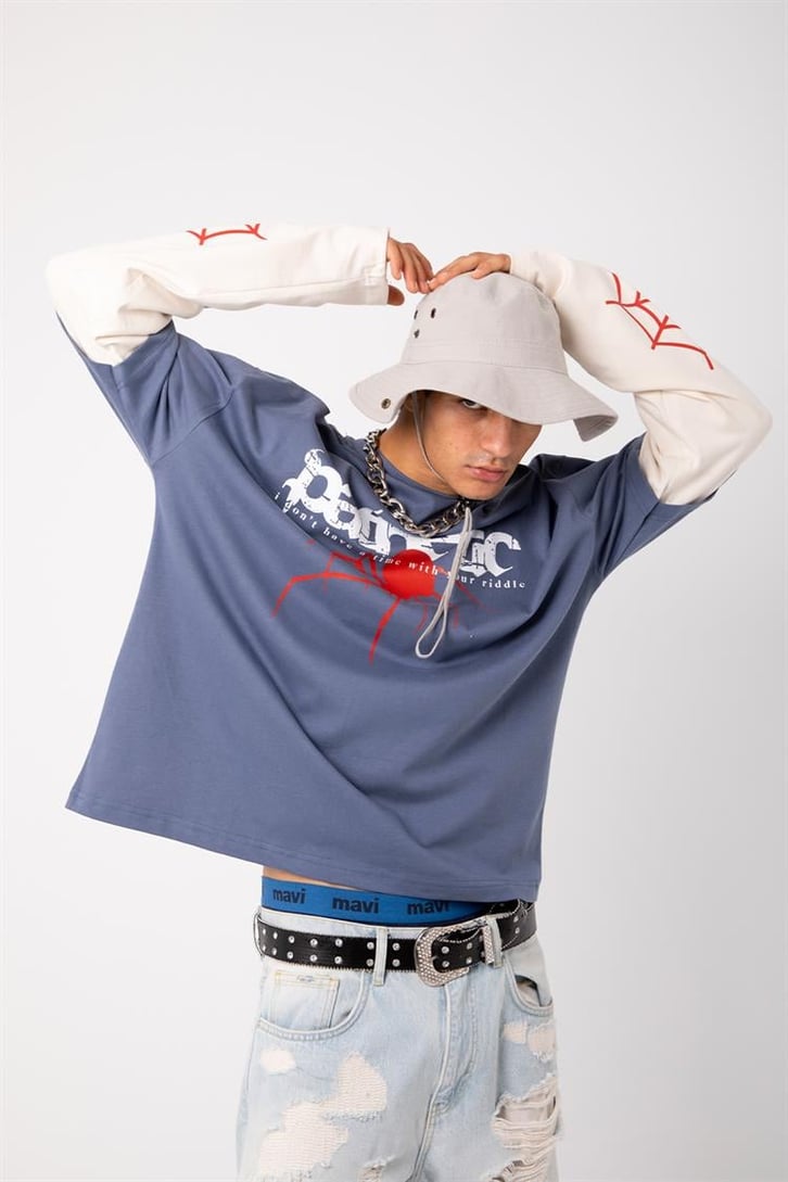 Pathenic Baskılı Mavi Oversize Long Sleeve Tişört