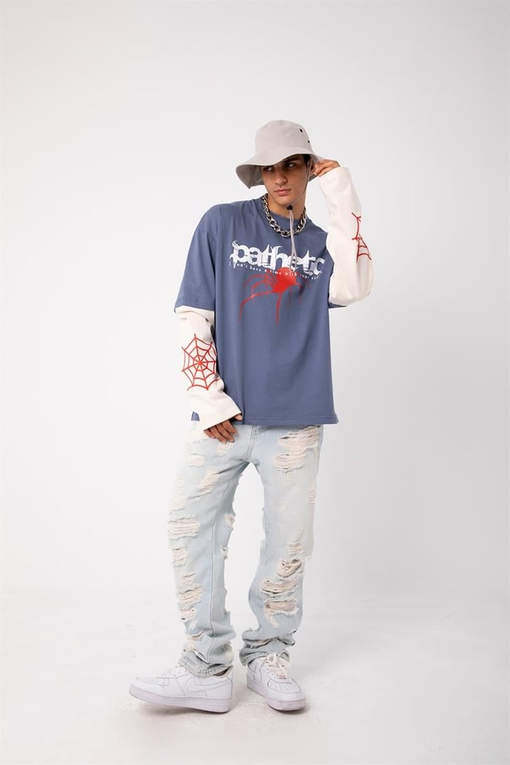 Pathenic Baskılı Mavi Oversize Long Sleeve Tişört