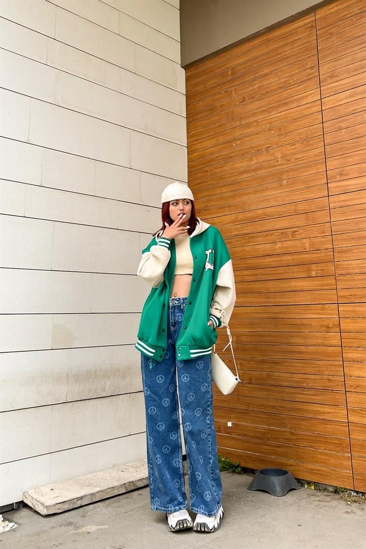 Peace Icon Baskılı Mavi Baggy Jean