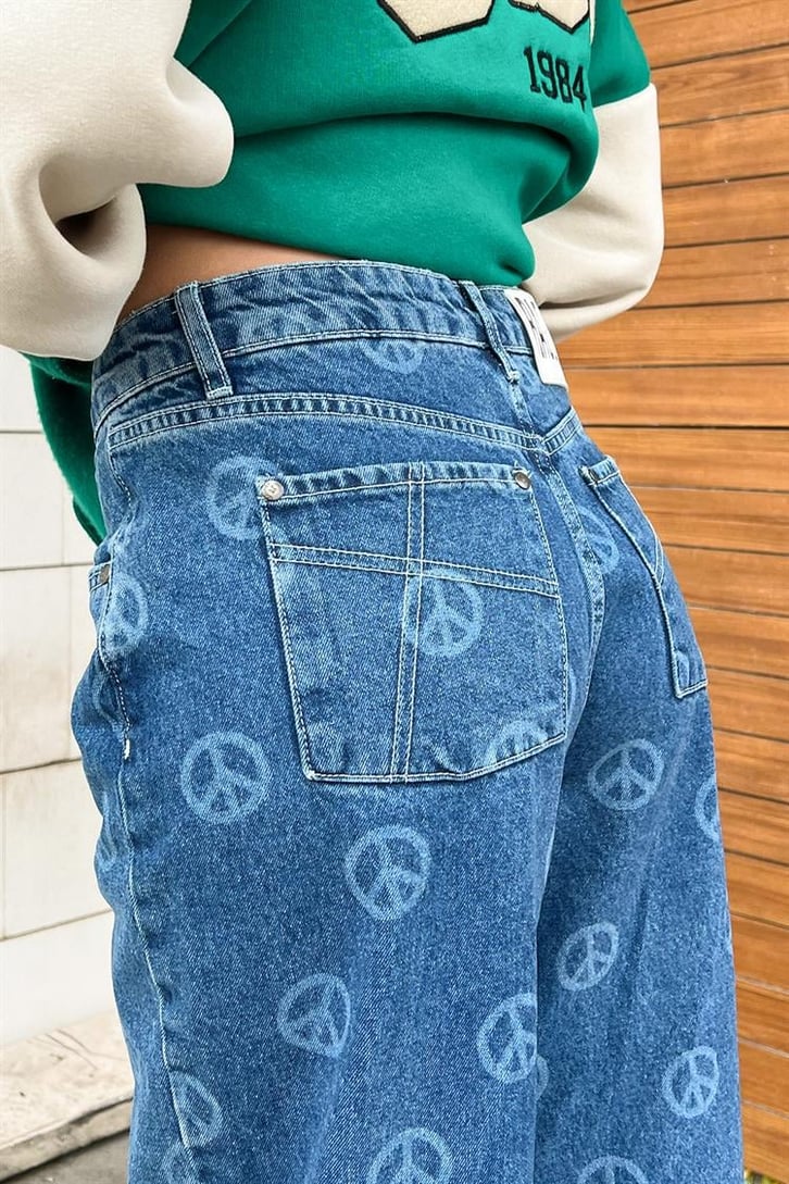 Peace Icon Baskılı Mavi Baggy Jean
