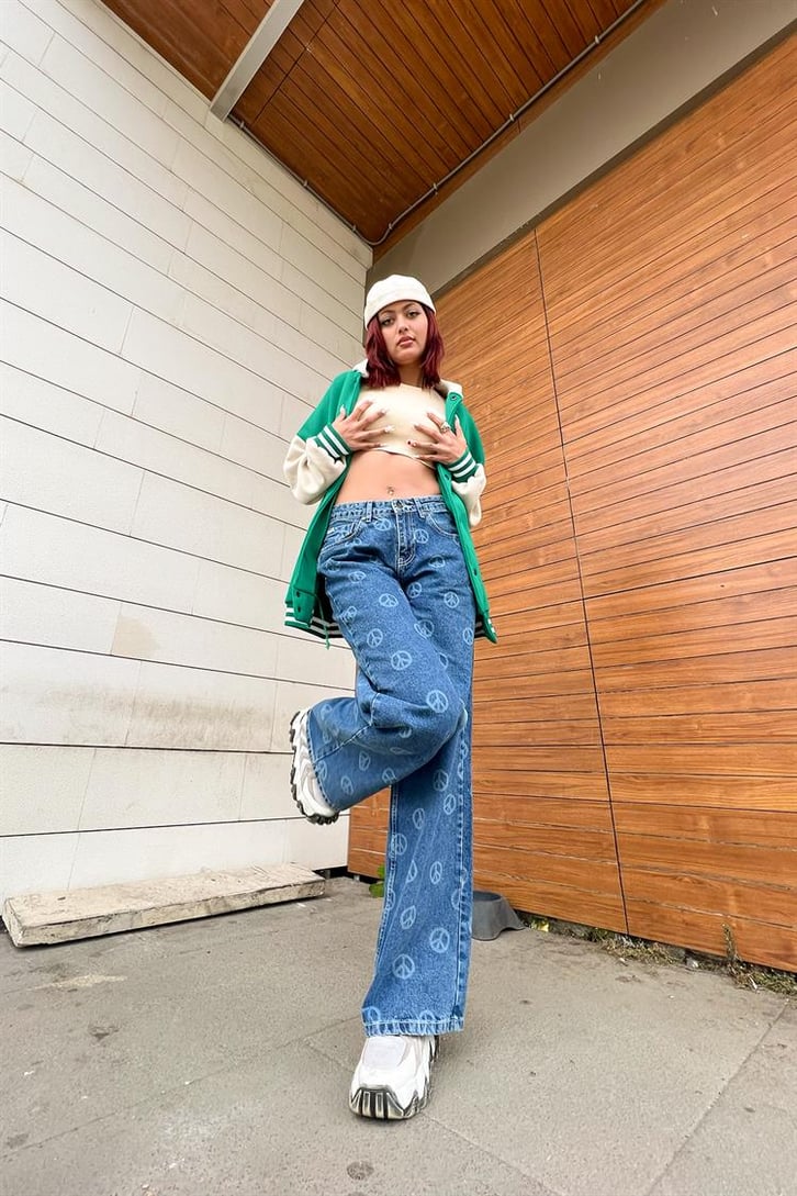 Peace Icon Baskılı Mavi Baggy Jean