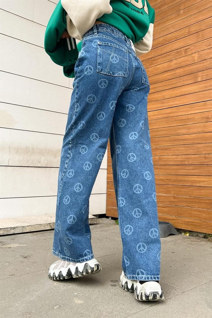 Peace Icon Baskılı Mavi Baggy Jean