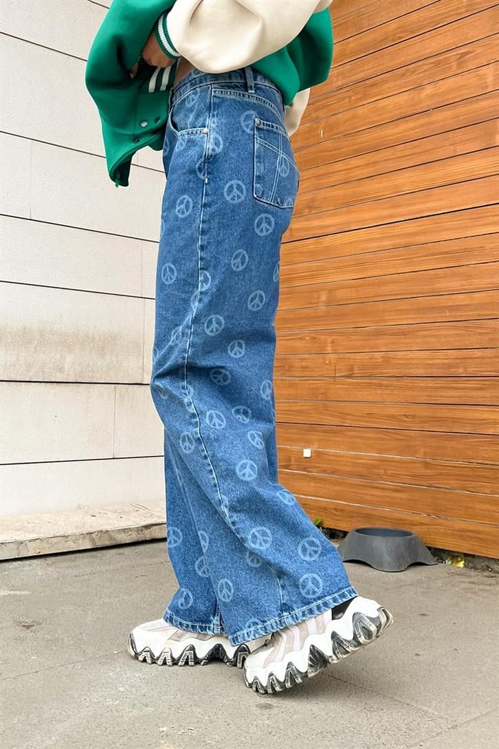 Peace Icon Baskılı Mavi Baggy Jean