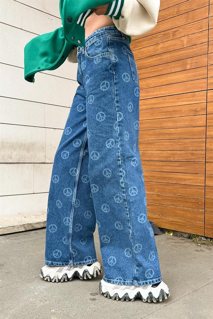 Peace Icon Baskılı Mavi Baggy Jean