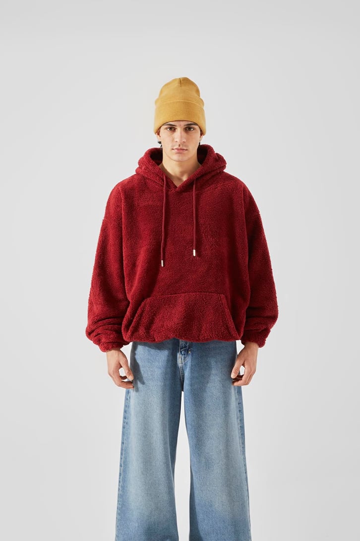 Peluş Bordo Oversize Hoodie