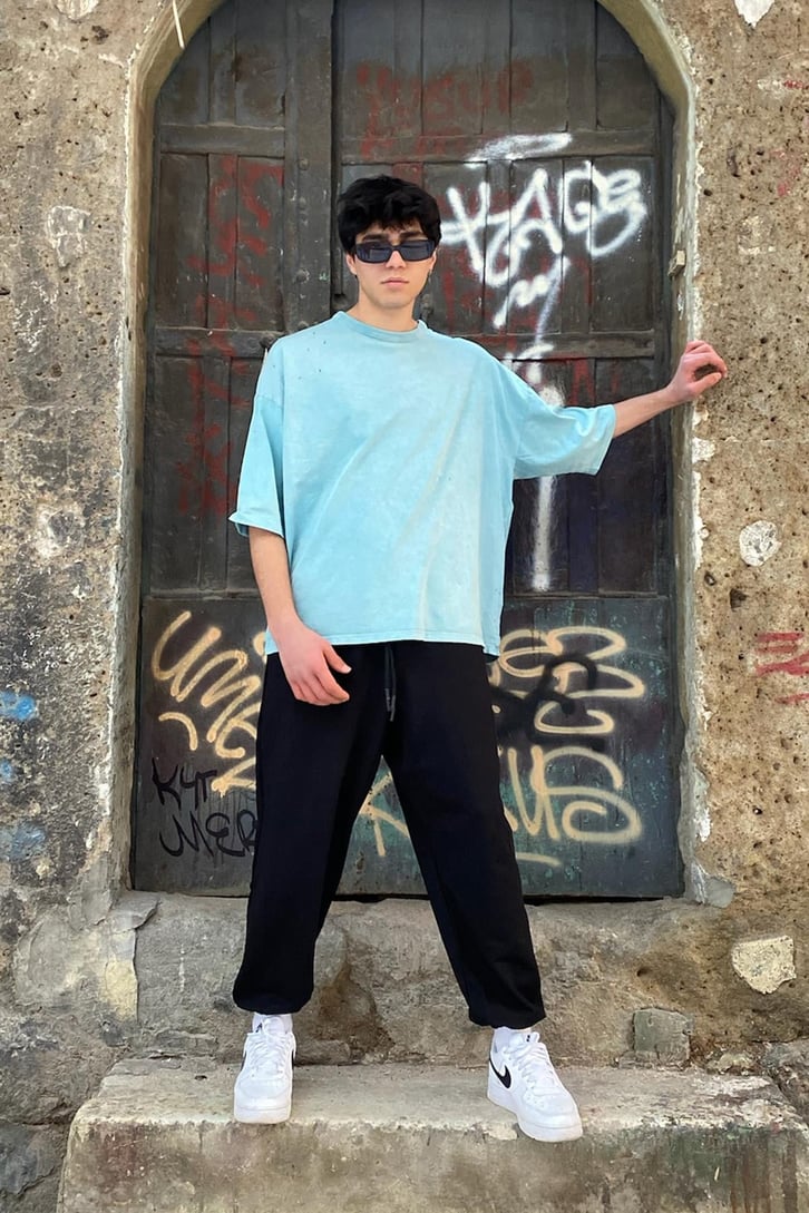 Perforated Water Green Basıc Oversize Tshırt