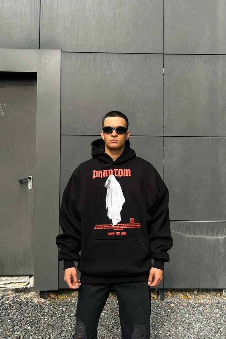Phantom Baskılı Siyah İçi Pamuklu Oversize Hoodie