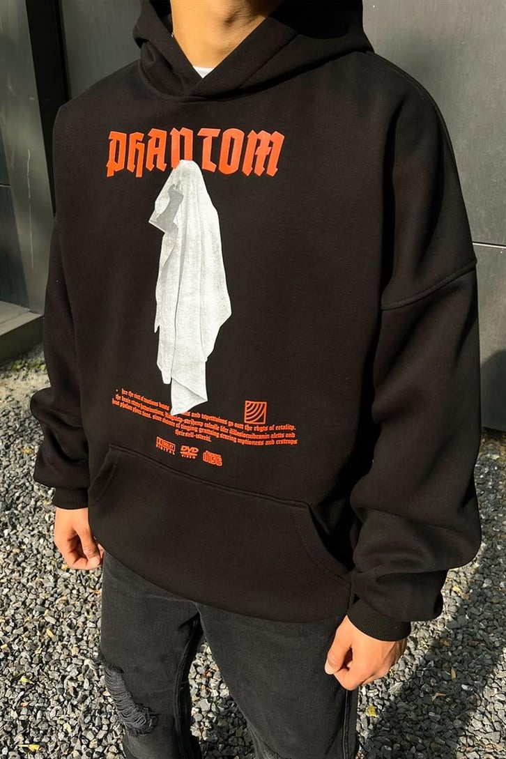 Phantom Baskılı Siyah İçi Pamuklu Oversize Hoodie