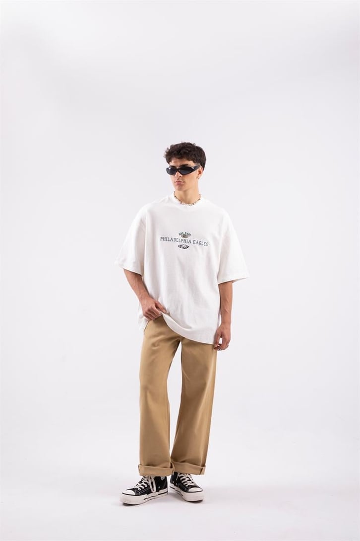 Philadelphia Eagles Nakışlı Ekru Oversize Tshirt