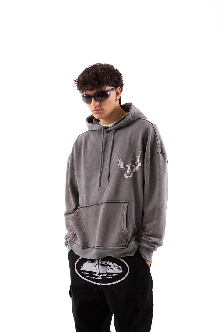Pigeon Baskılı Acid Wash Oversize Hoodie
