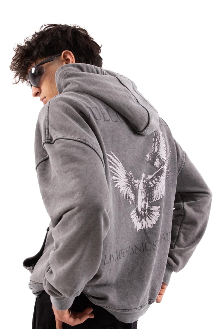 Pigeon Baskılı Acid Wash Oversize Hoodie