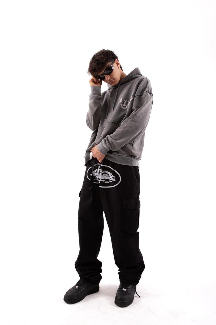 Pigeon Baskılı Acid Wash Oversize Hoodie