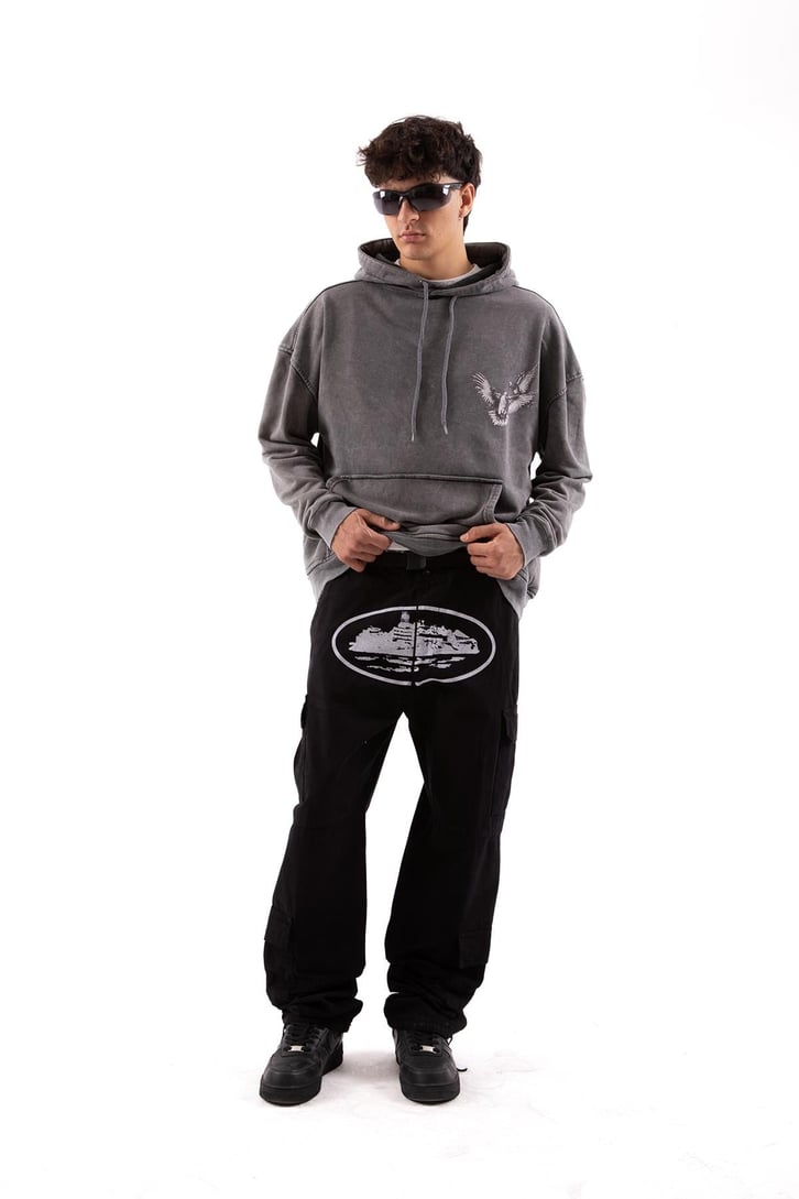 Pigeon Baskılı Acid Wash Oversize Hoodie