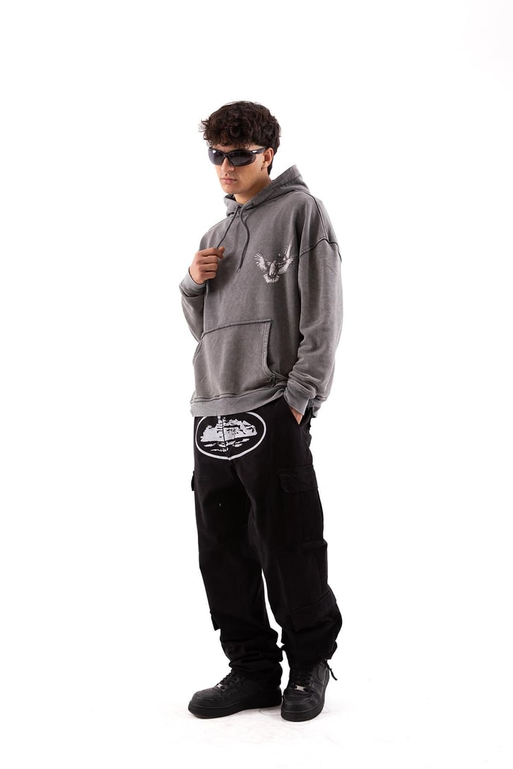 Pigeon Baskılı Acid Wash Oversize Hoodie