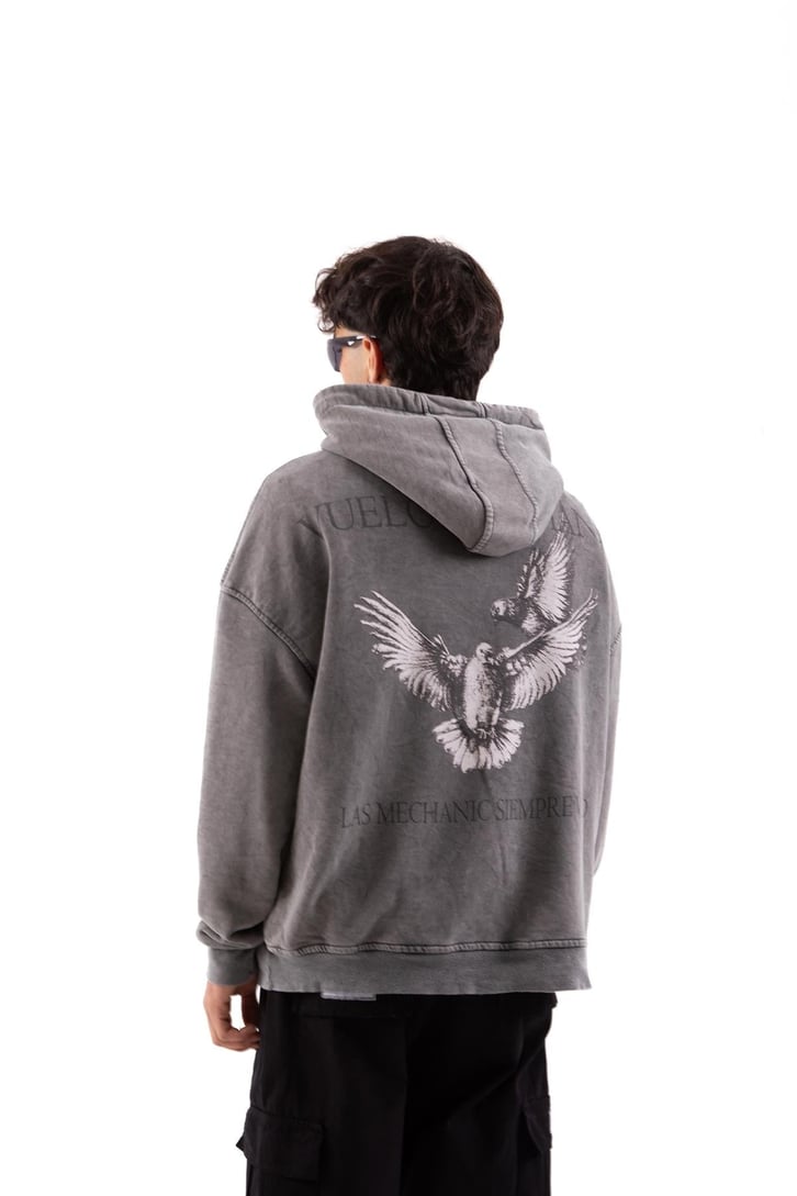 Pigeon Baskılı Acid Wash Oversize Hoodie
