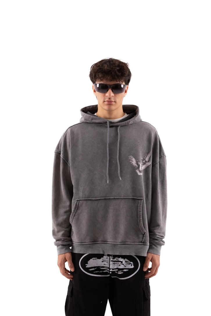 Pigeon Baskılı Acid Wash Oversize Hoodie
