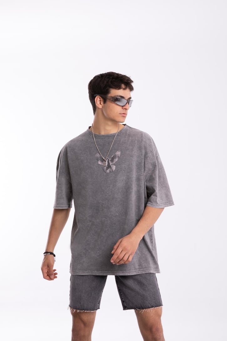 Pigeon Baskılı Acid Wash Oversize Tshirt