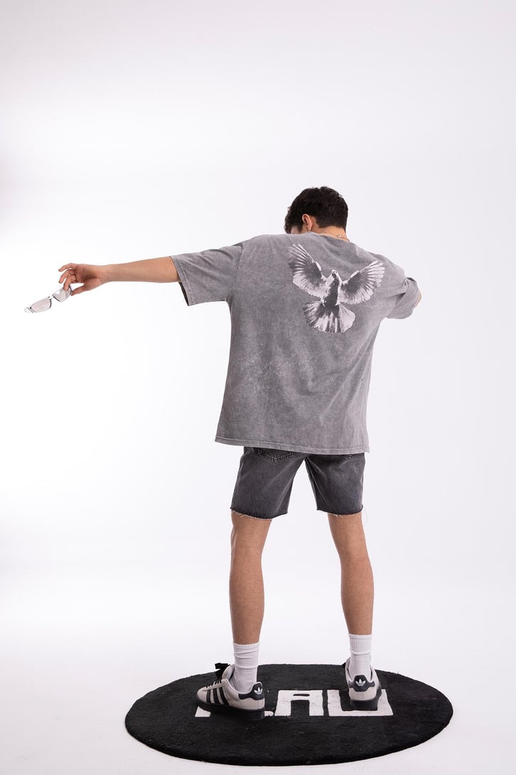 Pigeon Baskılı Acid Wash Oversize Tshirt