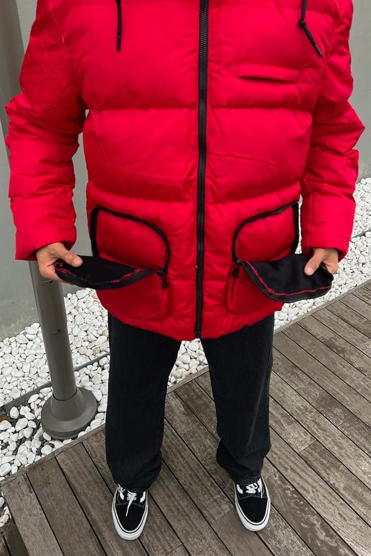 Pocket Detail Kırmızı Şişme Mont