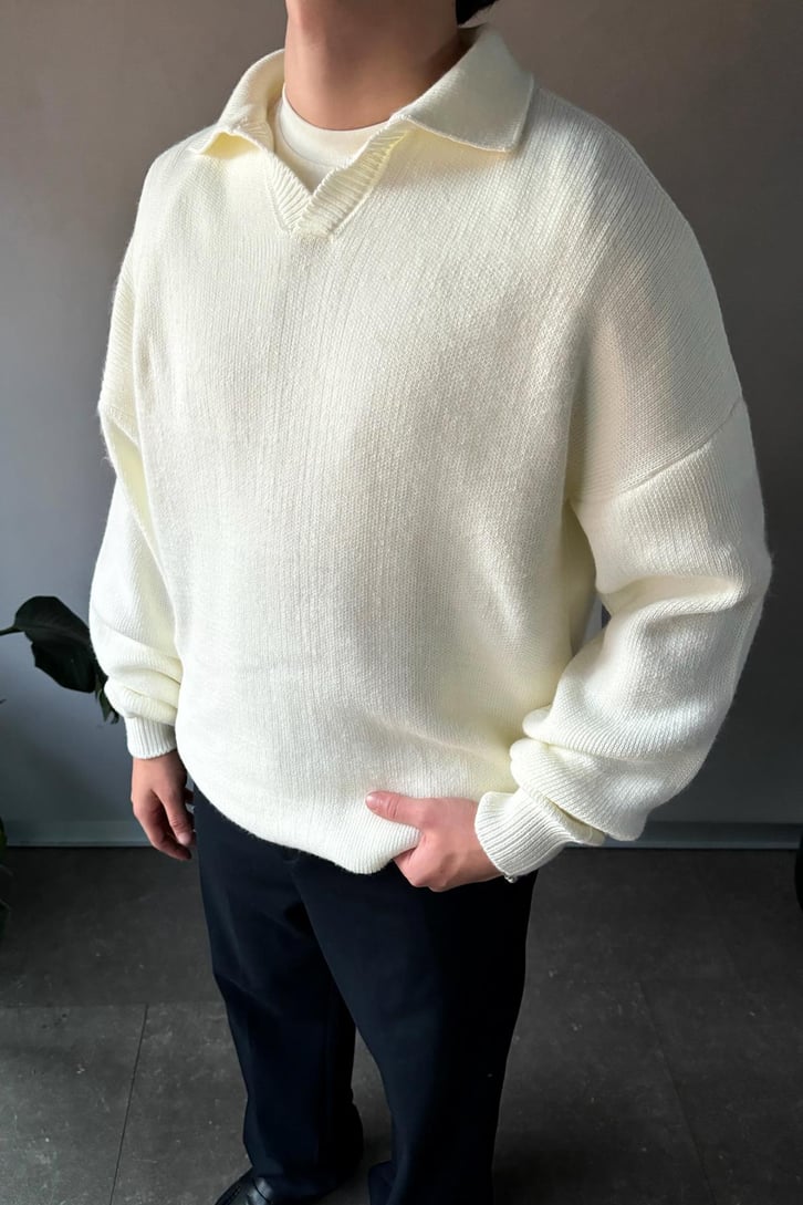Polo Yaka Basic Ekru Triko Kazak