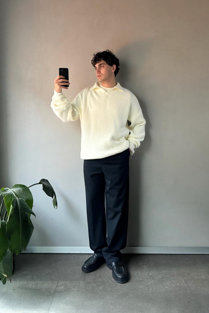 Polo Yaka Basic Ekru Triko Kazak