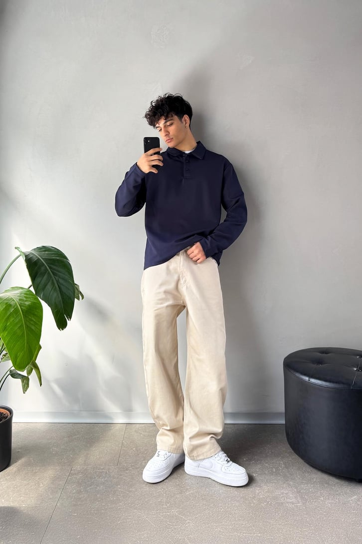 Polo Yaka Basic Oversize Sweatshirt