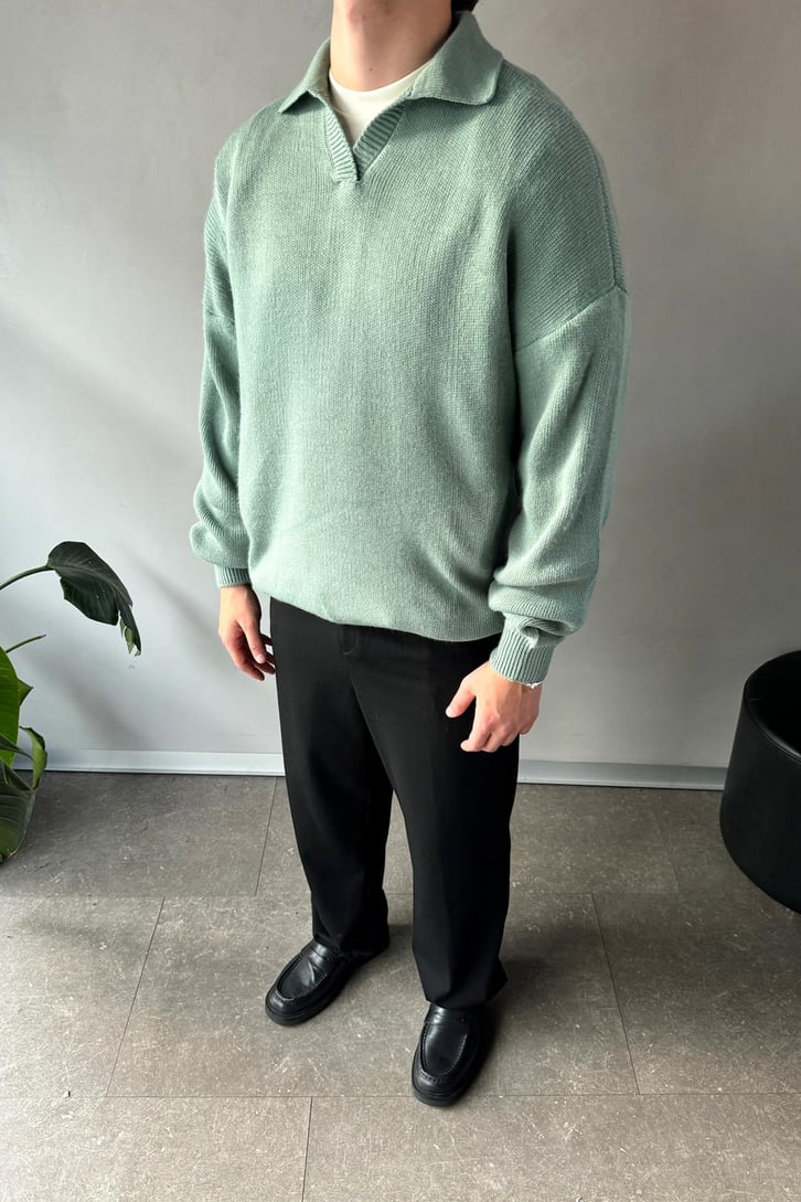 Polo Yaka Basic Yeşil Triko Kazak