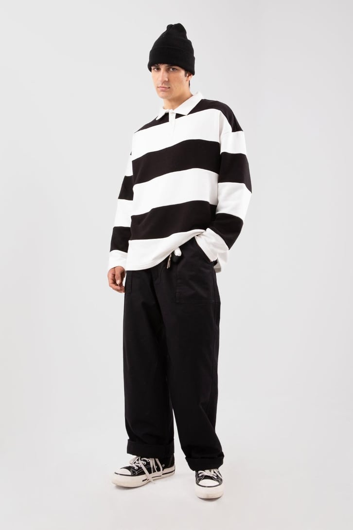 Polo Yaka Çizgili Siyah Sweatshirt