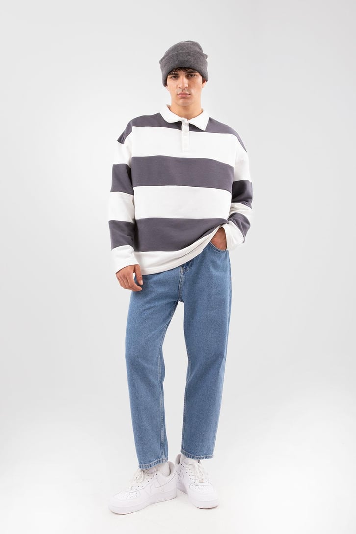 Polo Yaka Çizgili Siyah Sweatshirt