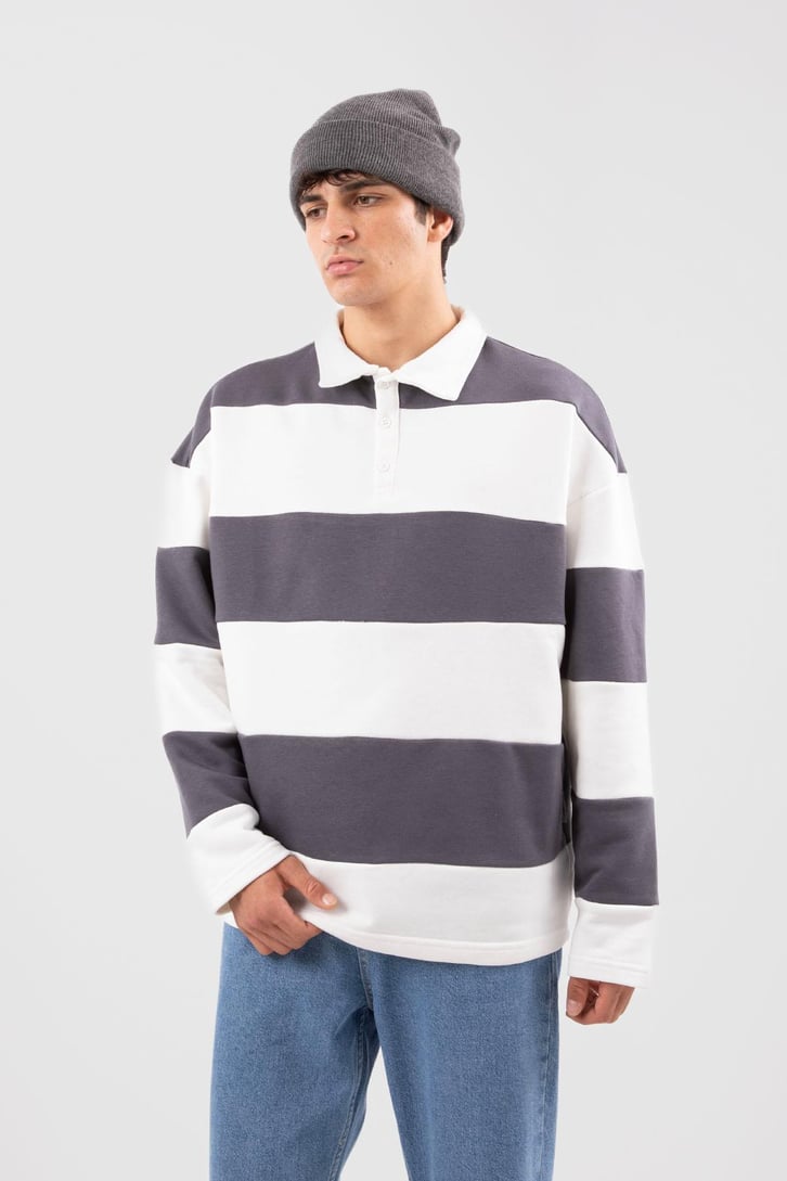 Polo Yaka Çizgili Siyah Sweatshirt