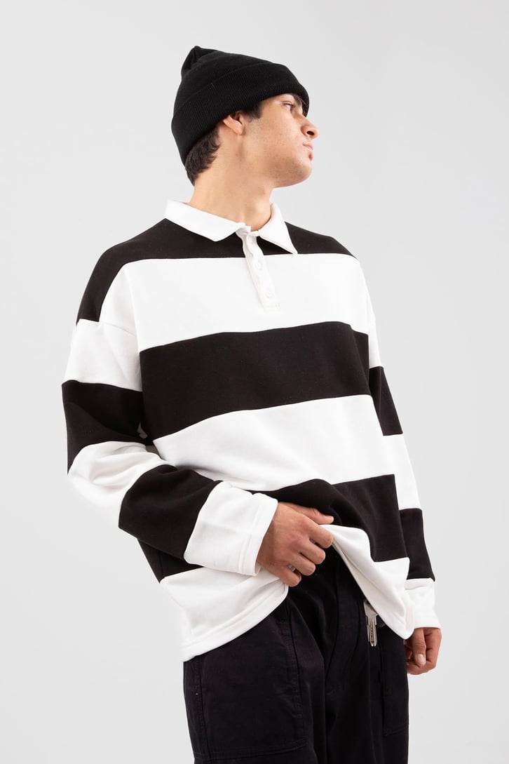 Polo Yaka Çizgili Siyah Sweatshirt