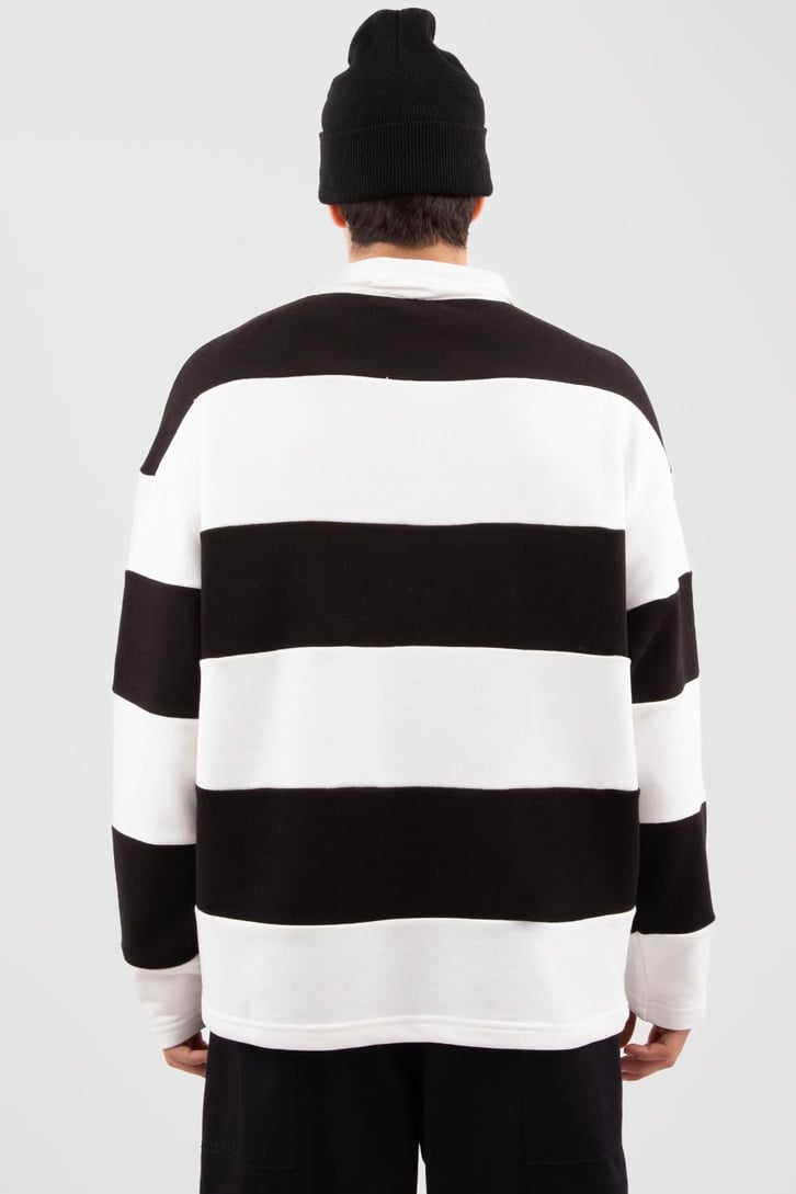 Polo Yaka Çizgili Siyah Sweatshirt
