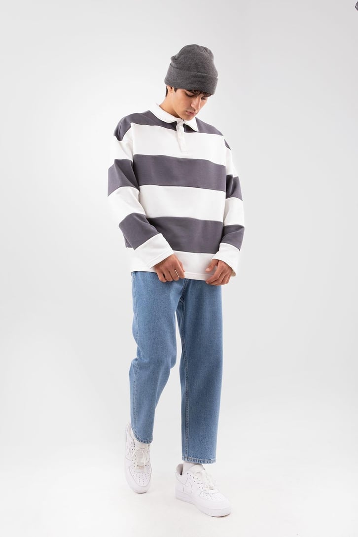 Polo Yaka Çizgili Siyah Sweatshirt
