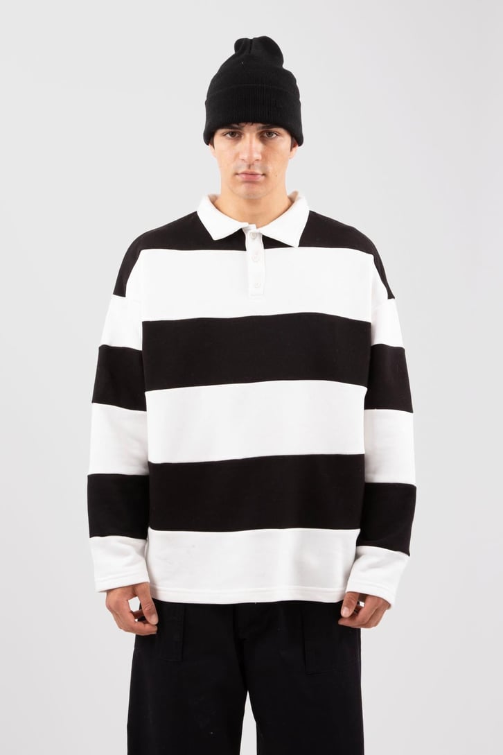 Polo Yaka Çizgili Siyah Sweatshirt