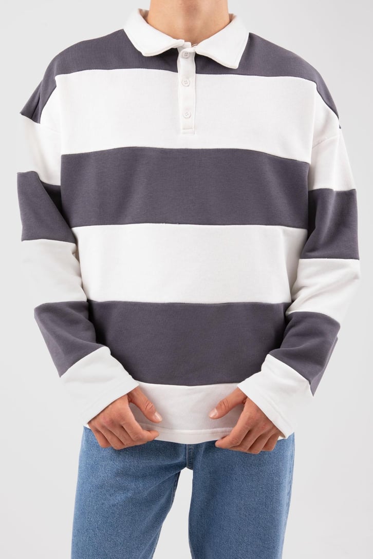 Polo Yaka Çizgili Siyah Sweatshirt