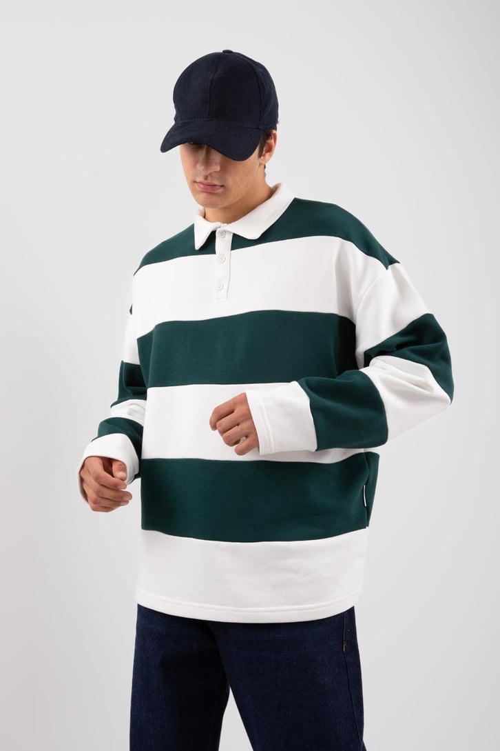 Polo Yaka Çizgili Yeşil Sweatshirt