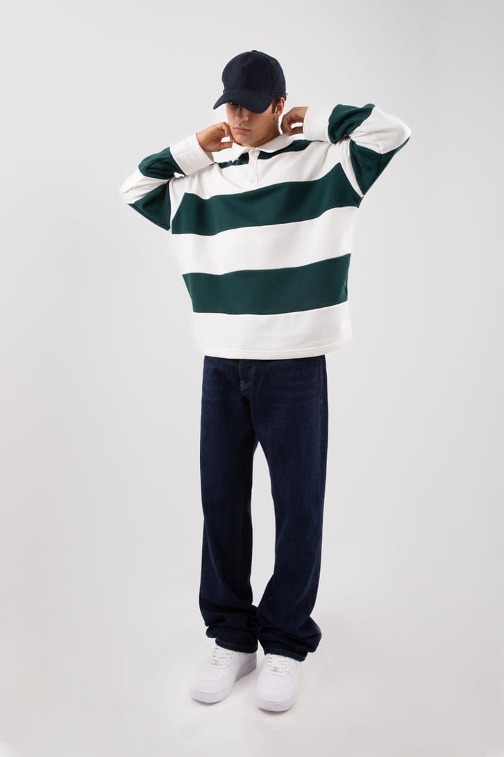 Polo Yaka Çizgili Yeşil Sweatshirt