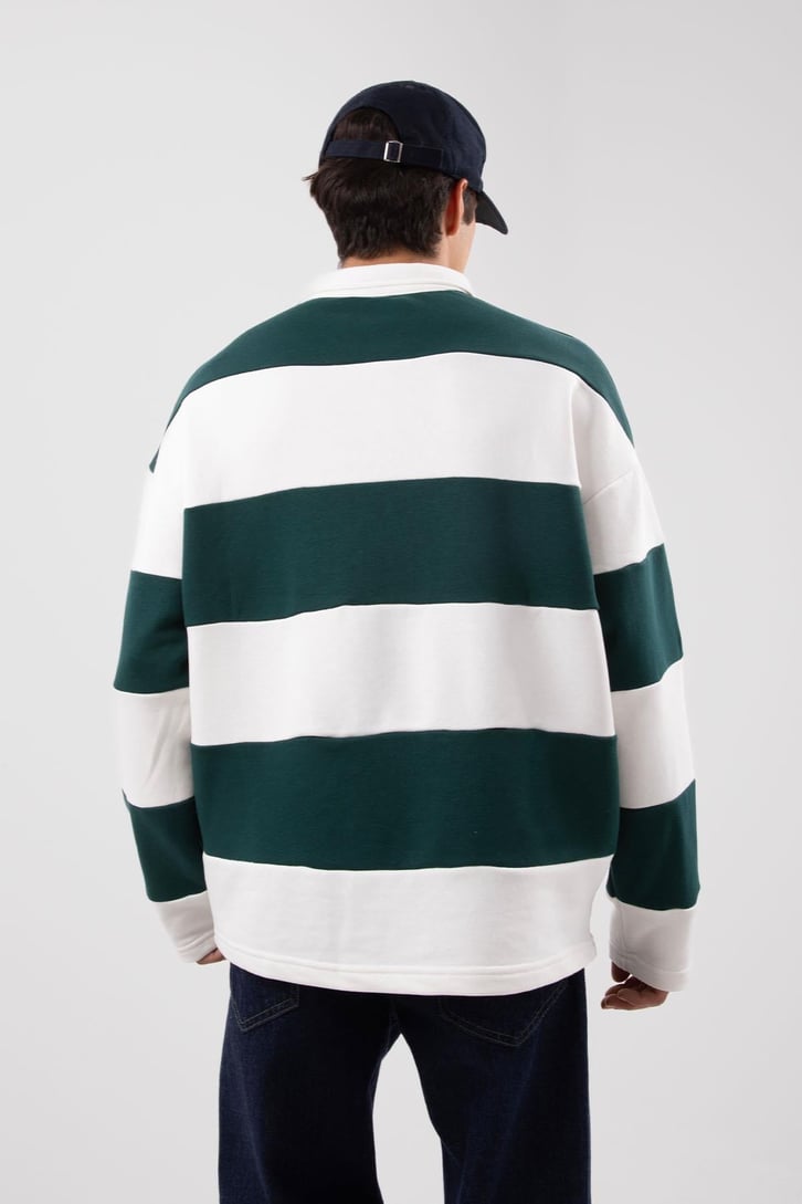 Polo Yaka Çizgili Yeşil Sweatshirt