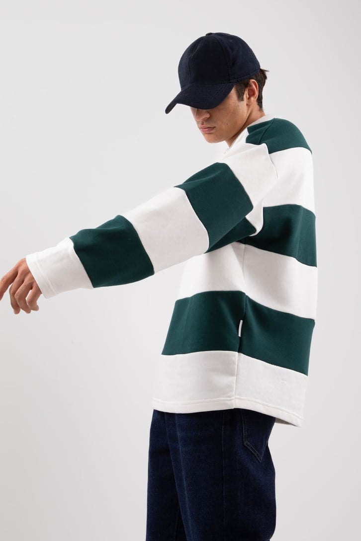Polo Yaka Çizgili Yeşil Sweatshirt