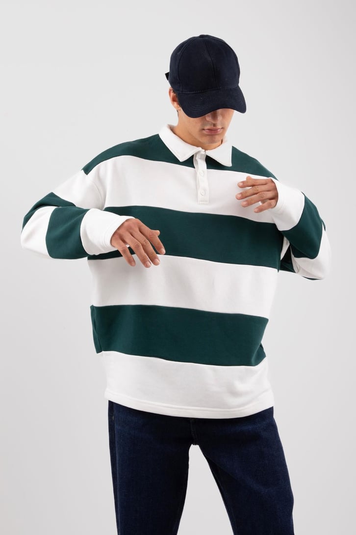 Polo Yaka Çizgili Yeşil Sweatshirt
