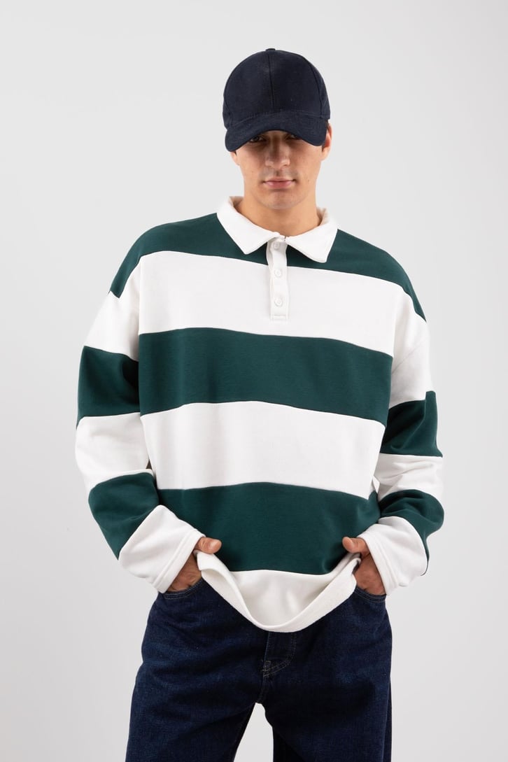Polo Yaka Çizgili Yeşil Sweatshirt