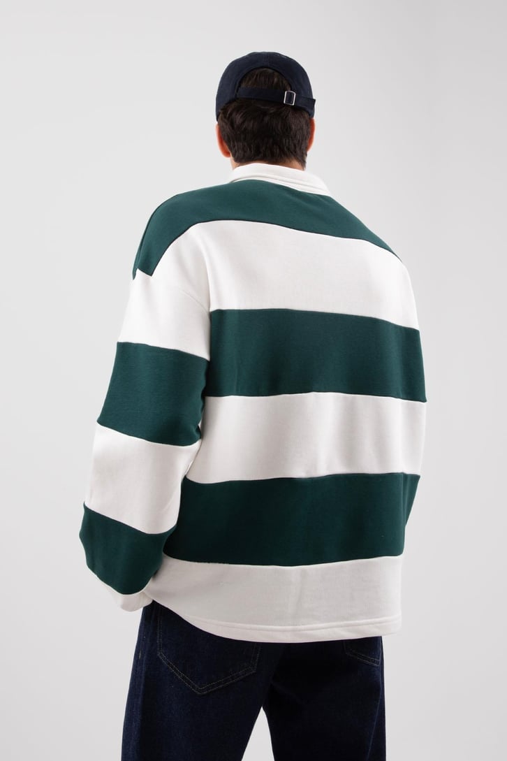 Polo Yaka Çizgili Yeşil Sweatshirt